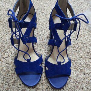 SAM EDELMAN Circus Suede Strapping Lace Up Open Toe Block Heel Size 10M Blue